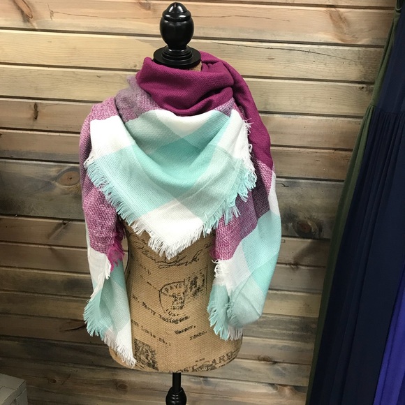Bright Mint, Purple and White Blanket Scarf - Picture 1 of 2